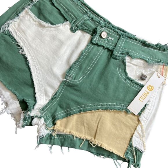 Potili High Waisted Distressed Color Block Denim Shorts size 8 - Picture 7 of 14